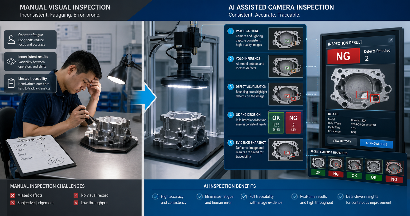 Illustration of manual visual inspection evolving into AI-assisted camera inspection with defect detection and evidence capture